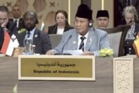 Menteri Pertahanan Prabowo Subianto dalam acara konferensi tingkat tinggi (KTT) “Call for Action: Urgent Humanitarian Response for Gaza” di Yordania. (Dok. Tim Media Prabowo Subianto)