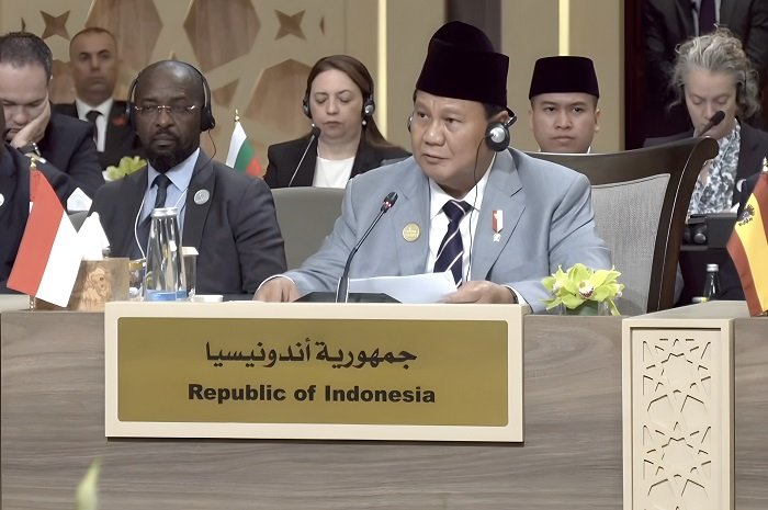 Menteri Pertahanan Prabowo Subianto dalam acara konferensi tingkat tinggi (KTT) “Call for Action: Urgent Humanitarian Response for Gaza” di Yordania. (Dok. Tim Media Prabowo Subianto)